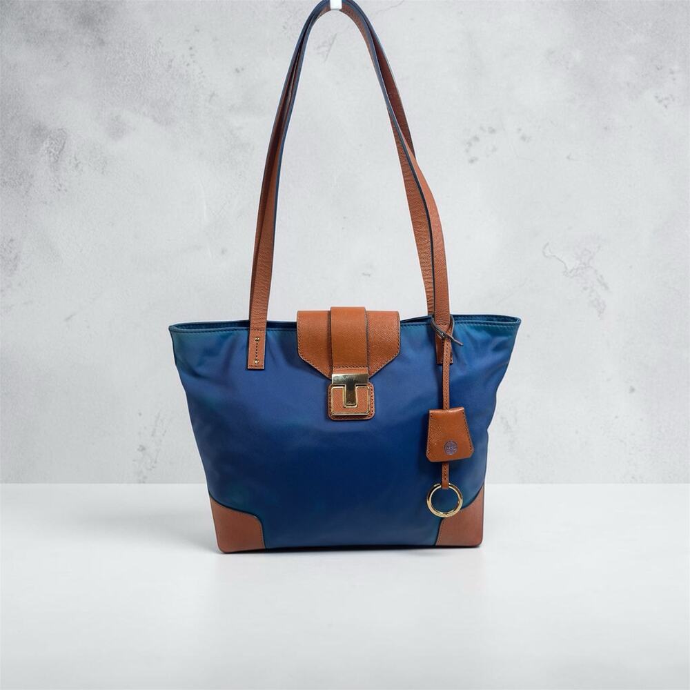 Tory Burch Blue Nylon Tote Tan Leather Trim Gold Hardware Shoulder Bag
